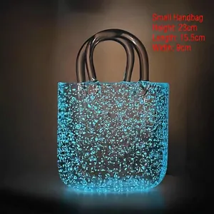 Luminous blue handbag glass vase with bubble texture, small size detail view