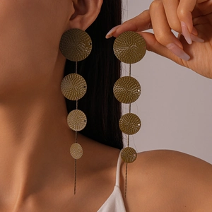 Golden geometric round textured earrings with cascading long spiral metallic drop design