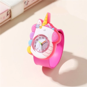 Montre slap licorne rose en silicone pour enfants avec couvercle de cadran fleuri 3D