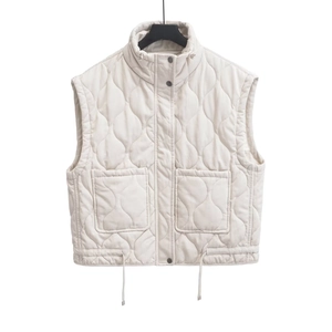 Minimalist cream white quilted vest with high collar and adjustable drawstring hem