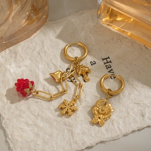 Asymmetric 18K gold plated earrings with fruit pendants, heart and flower charms