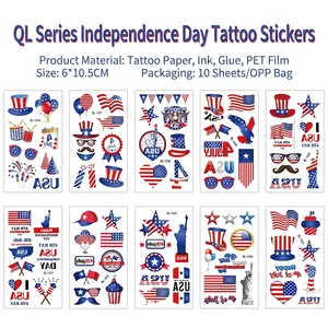 Set of 10 US Independence Day temporary tattoos featuring flags and July 4th motifs