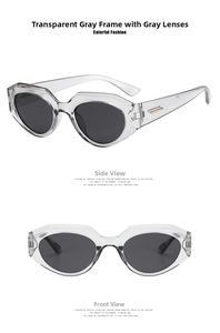 Detail view of transparent grey irregular cat eye sunglasses with silver metal accents