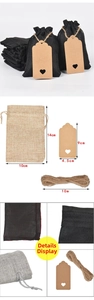 Linen drawstring gift bags with heart kraft tags and 10m jute rope for jewelry packaging