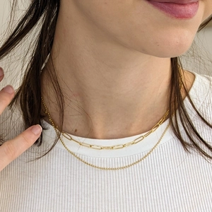 18K gold plated stainless steel paperclip and bead layered necklace set for women