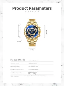 Spécifications de la montre quartz M1400 avec cadran bleu et bracelet en acier doré