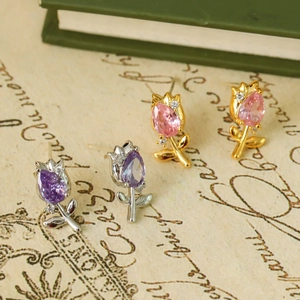Tulip stud earrings with purple and pink teardrop zircons in gold and silver finish