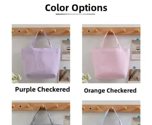 Detailed color selection showing quilted tote bags in purple, orange, black and blue colors