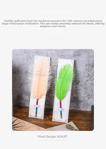 Detailed view of rainbow feather pens with gradient metal barrels in vintage setting
