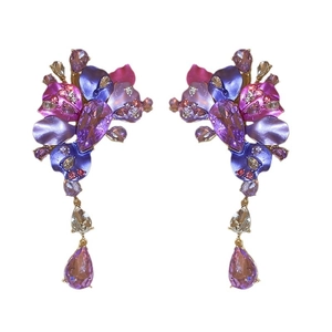 Exaggerated purple floral drop earrings with crystal clusters and teardrop pendants