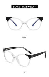 Front and 45-degree angle view of black transparent cat-eye blue light blocking glasses