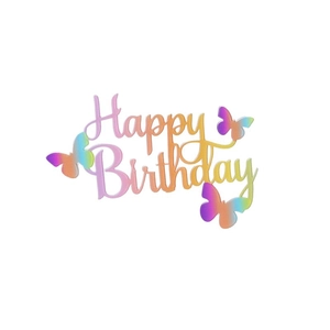 Rainbow gradient Happy Birthday cake topper featuring three decorative butterflies decoration