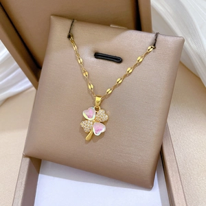 Titanium steel lucky clover necklace with pink shell and micro-paved zircon crystals