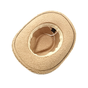 Inside view of camel teddy fleece cowboy hat with adjustable drawstring and inner band