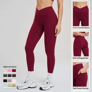 Legging de yoga rouge à taille haute avec ceinture en V et poches latérales