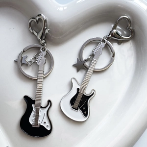 Y2K punk style guitar star heart keychains in black and white finish for bags
