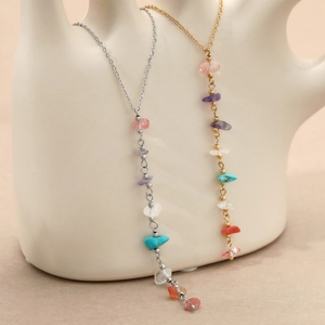 Bohemian Y Shape Pendant Necklace 304 Stainless Steel Multi Color Natural Stone Dainty Long Chain Jewelry For Women