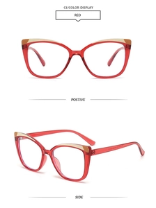 Detailed front and side view of red cat-eye glasses frames with gold metal accents