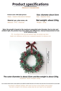 Detailed view of a 32cm Christmas wreath with pinecones, red berries and velvet bow