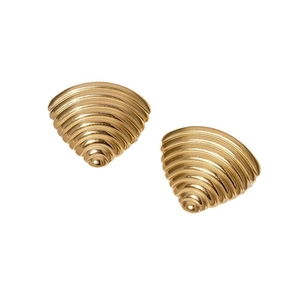 Golden fan-shaped geometric earrings with textured ridges in 18K stainless steel