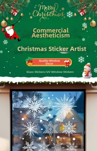 Detail of white Christmas snowflake window stickers with UV printing on glass display