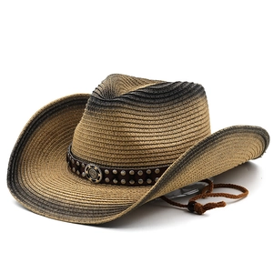 Western hollow straw cowboy hat with gradient brim, leather band, and chin strap