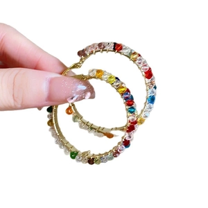 Bohemian colorful crystal bead hoop earrings with rainbow wire wrap design for women