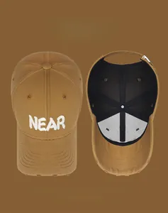 Detailed interior and exterior view of embroidered NEAR cotton baseball cap with metal buckle