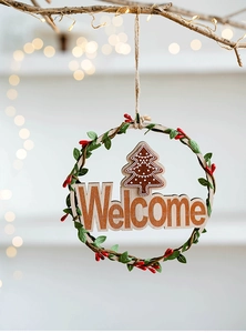 Close-up of wooden Christmas welcome wreath with green leaves and red berries on a branch