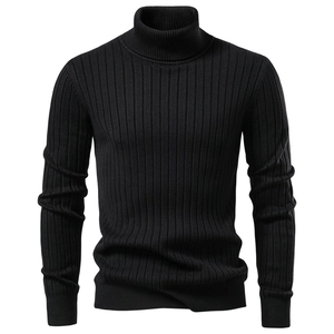 Detail of black turtleneck men's knit sweater showing vertical ribbed texture and slim fit