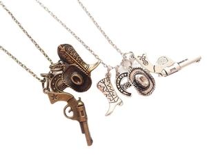 Cowboy themed alloy necklaces with boot, hat, gun and Good Luck horseshoe charms