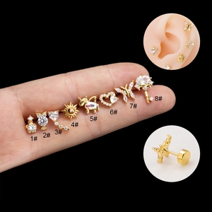 Heart Butterfly Zircon Stud Earrings Stainless Steel Earring Post Copper Cartilage Piercing Jewelry Screw Back Flat Back