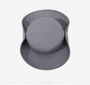 Top down view of dark grey outdoor sun hat with reinforced brim and side air vents