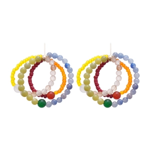 Colorful beaded hoop earrings with multi-layered concentric design and silver needle stud