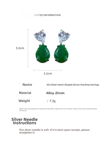 Detail showing dimensions of 3.2cm x 1.1cm for zircon heart and teardrop earrings