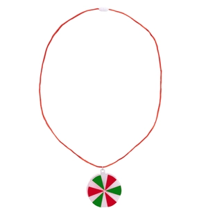 Macro shot of a red cord necklace with a peppermint-style round ceramic pendant