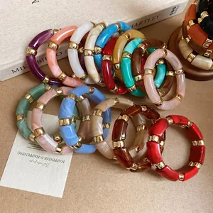 Chic multi-color acrylic resin tube bracelets with gold metal spacer rings for daily stacking