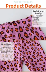 Detailed view of pink leopard print girls knit leggings featuring wide elastic waistband