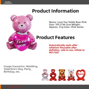 Detailed view of pink teddy bear foil balloon with Love you heart and size specifications