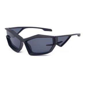Futuristic Y2K black sunglasses with geometric frame and dark grey lenses on white background
