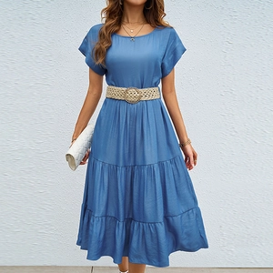 Women Round Neck Short Sleeve Midi Dress Solid Color Tiered Hem Elegant Casual Summer Apparel With Woven Belt