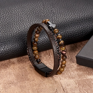Multilayer leather bracelet with natural tiger eye stone and cross charm for men