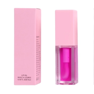 Pink lip oil bottle and box showing ingredients and 5ml capacity detail
