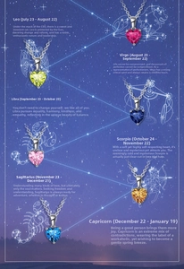 Detail of six heart-shaped birthstone necklaces in various colors on star theme background