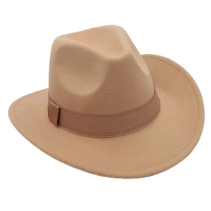 Detail eines Vintage-Wollfilzhuts in Camel mit passendem braunem Ripsband-Verzierung