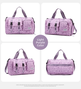 Multi-angle views of a light purple leopard print gym bag with multiple pockets