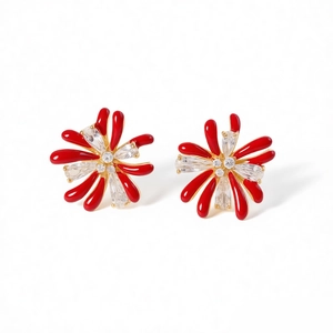 18k gold plated floral stud earrings with red enamel and zircon stones in a pair