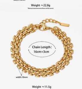Detailed specs of 10mm gold stainless steel chain bracelet with length measurement