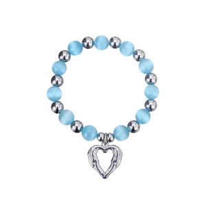 Shiny cat eye beaded bracelet with heart pendant and silver stainless steel beads