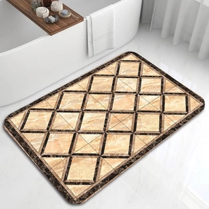 Detail of diatom mud bath mat with geometric marble pattern in modern bathroom setting